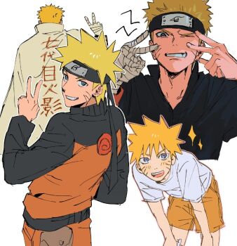 1boy age_comparison blonde_hair commentary_request facial_mark forehead_protector grin hokage konohagakure_symbol korean_commentary male_focus multiple_views naruto_(series) nnnhhhhh19 shirt short_hair smile sparkle spiked_hair teeth translation_request uzumaki_naruto whisker_markings white_shirt