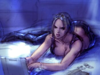 1girl ass black_boots blonde_hair boots bracelet breasts bullet butt_crack computer game_cg gun handgun jewelry kawano_takuji laptop large_breasts lipstick lying makeup nina_williams official_art on_bed on_stomach pants parted_bangs tekken tekken_4 tight_clothes tight_pants weapon