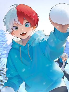 2boys black_jacket black_pants blue_eyes blue_hoodie boku_no_hero_academia brother_and_sister child grey_eyes hair_between_eyes heterochromia highres holding holding_snowball hood hood_down hoodie jacket konbu_babu male_focus multicolored_hair multiple_boys open_mouth pants pine_tree red_hair short_hair siblings smile snow snowball todoroki_shoto todoroki_touya tree two-tone_hair white_hair winter
