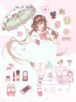 1girl brown_hair commentary degrees_of_lewdity dress english_commentary eyewear_on_head hair_ornament heart heart-shaped_eyewear highres holding holding_umbrella jewelry key long_hair looking_at_viewer looking_to_the_side low_twintails necklace nora_(you_niao) open_mouth parasol pink-framed_eyewear player_character_(degrees_of_lewdity) player_character_(female)_(degrees_of_lewdity) socks solo star_(symbol) star_hair_ornament twintails umbrella white_dress white_socks you_niao