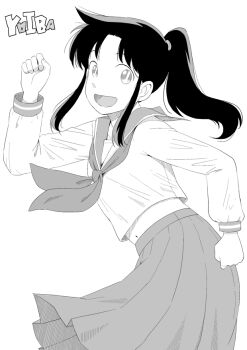 Rule 34 | 1girl, black hair, commentary request, happy, looking at viewer, mine sayaka, monochrome, navel, ponytail, sailor, sailor collar, school uniform, simple background, skirt, smile, solo, solo focus, taito0630, yaiba