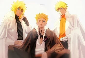 Rule 34 | 3boys, abs, alternate hair length, alternate hairstyle, artist name, blonde hair, blue eyes, boruto: two blue vortex, cape, chest tattoo, coat, coat on shoulders, collared cape, commentary, drawink, facial mark, father and son, frown, grandfather and grandson, highres, jewelry, male focus, medium hair, multiple boys, namikaze minato, naruto (series), naruto shippuuden, neck tattoo, necklace, one eye closed, scar, scar across eye, scar on face, shaded face, sitting, tattoo, time paradox, uzumaki boruto, uzumaki naruto, whisker markings, white cape, white coat