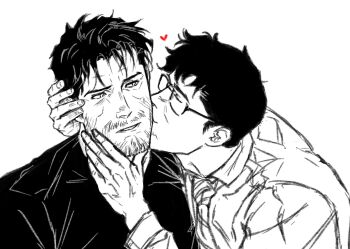 2boys batman_(series) beard black_jindo bruce_wayne clark_kent closed_eyes collared_shirt dc_comics facial_hair glasses greyscale hands_on_another's_face hashtag-only_commentary heart highres kiss kissing_cheek long_sleeves looking_to_the_side male_focus monochrome multiple_boys necktie shirt short_hair short_sideburns sideburns sideways_glance simple_background sketch spot_color superman_(series) upper_body white_background yaoi