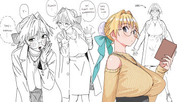 arrow_(symbol) blue_ribbon blush book booklet breasts bun_cover catherine_(conto) closed_mouth clothing_cutout coat conto dot_mouth english_text full_body furrowed_brow glasses hair_bun hair_intakes hair_ribbon hand_to_own_mouth hand_up hands_up height high-waist_skirt highres holding holding_book jewelry large_breasts long_sleeves multiple_views necklace open_clothes open_coat open_mouth original ribbed_sweater ribbon round_eyewear short_hair shoulder_cutout single_hair_bun skirt speech_bubble sweater tall_female upper_body waving_hands whispering