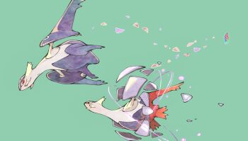 colored_skin dragon flying gen_3_pokemon green_background henshin highres latias latios legendary_pokemon mega_evolution mega_evolution_symbol mega_latias mega_latios mega_pokemon nintendo pokemon pokemon_(creature) purple_skin red_eyes sake_maguro wings yellow_eyes