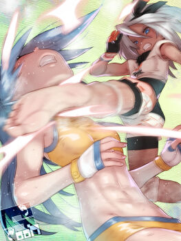 2girls abs barefoot battle_girl_(pokemon) bea_(pokemon) black_hairband blue_eyes blurry bow_hairband clenched_teeth commentary_request commission feet green_background grey_hair hair_between_eyes hairband kicking knee_pads multiple_girls nintendo orange_shorts pixiv_commission pokemon pokemon_oras pokemon_swsh print_shirt print_shorts shirt short_sleeves shorts soles soon_(c-u-soon) sports_bra teeth toes toned toned_female