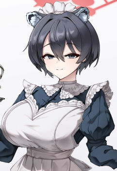 1girl alternate_costume animal_ear_fluff animal_ears beetleasd black_eyes black_hair blue_archive breasts close-up commentary cropped enmaided extra_ears hair_between_eyes halo highres large_breasts looking_at_viewer maid maid_headdress raccoon_ears red_halo short_hair smile tsubaki_(blue_archive)