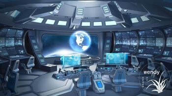 artist_logo chair highres hologram holographic_monitor indoors logo machine no_humans original scenery science_fiction space spacecraft spacecraft_interior window xingzhi_lv