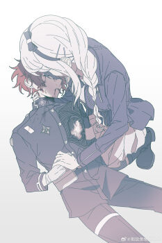 1boy 1girl absurdres armband belt belt_pouch black_boots black_bow black_hair black_hairband black_jacket black_pants black_pantyhose black_ribbon blood blood_from_mouth blood_on_clothes blood_on_face boots bow braid buttons chinese_commentary commentary_request gakuran gloves hair_ornament hairband hairclip hand_on_another&#039;s_neck high_collar highres holding_hands hole_in_chest hole_on_body jacket kirifuji_nozomi last_defense_academy_school_uniform long_hair long_sleeves miniskirt multicolored_hair neck_ribbon pants pantyhose pleated_skirt pouch purple_jacket red_hair ribbon school_uniform short_hair side_braid simple_background single_braid skirt spoilers sumino_takumi the_hundred_line_-last_defense_academy- thigh_strap tuoyan_tututututu two-tone_hair watermark weibo_watermark white_armband white_background white_belt white_gloves white_hair white_skirt