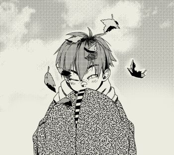 1boy bandaid bandaid_on_face bandaid_on_nose commentary covered_mouth custat english_commentary falling_leaves freckles greyscale hair_between_eyes japanese_clothes kimono leaf male_focus monochrome nagakura_shinpachi_(peace_maker_kurogane) one_eye_closed peace_maker_kurogane scarf screentones short_hair solo undercut upper_body