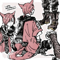 Rule 34 | 1boy, :&lt;, ?, animal ears, brown footwear, cat ears, cat tail, closed mouth, final fantasy, final fantasy xiv, g&#039;raha tia, itowo (itowc), male focus, miqo&#039;te, red eyes, red hair, red shirt, shirt, solo, tail