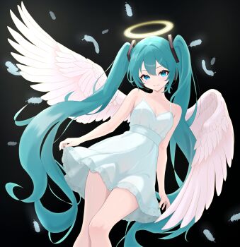 1girl absurdres angel aqua_hair aqua_nails blue_eyes breasts cleavage closed_mouth collarbone commentary_request cowboy_shot dress falling_feathers feathered_wings feathers futatunoniji hair_between_eyes hair_intakes hair_ornament halo hatsune_miku highres lace lace-trimmed_skirt lace_trim long_hair looking_at_viewer nail_polish skirt small_breasts smile solo twintails very_long_hair vocaloid white_dress white_wings wings