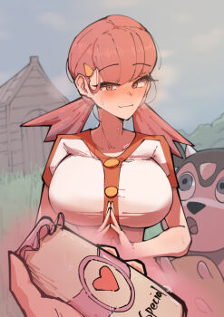 1girl absurdres animal_ears animal_nose azz0422 blue_eyes blush bottle breasts buttons colored_skin cone_horns gen_2_pokemon hair_ornament hairclip heart heart-shaped_pupils heart_print highres holding holding_bottle horns large_breasts looking_at_viewer loose_hair_strand milk milk_bottle miltank nintendo open_mouth out_of_frame own_hands_together pink_eyes pink_hair pink_skin pokemon pokemon_(creature) pokemon_hgss pov shed shirt short_sleeves smile steepled_fingers sweat sweatdrop symbol-shaped_pupils twintails white_shirt whitney_(pokemon)
