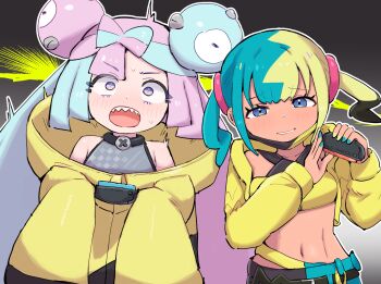 2girls aqua_hair bandeau black_hair blonde_hair blue_eyes blue_hair canari_(pokemon) character_hair_ornament commentary_request hair_ornament highres iono_(pokemon) jacket joy-con kutabireta_neko looking_at_viewer multicolored_hair multiple_girls navel nintendo pink_hair pokemon pokemon_legends:_z-a pokemon_sv twintails yellow_bandeau yellow_jacket