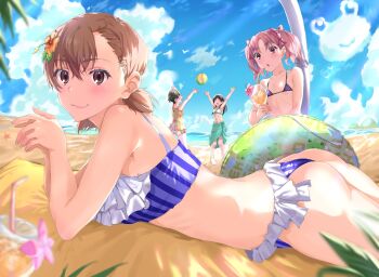 Rule 34 | 4girls, ass, asymmetrical bangs, ball, beach, beachball, bikini, black hair, blue sky, breasts, brown eyes, brown hair, cloud, commentary, day, flower, green sarong, hair flower, hair ornament, head wreath, highres, innertube, long hair, low twintails, lying, micro bikini, misaka mikoto, multiple girls, ocean, official alternate costume, official alternate hairstyle, on stomach, one-piece swimsuit, outdoors, purple bikini, sarong, saten ruiko, shirai kuroko, short hair, sioo 1029, sky, small breasts, swim ring, swimsuit, untranslatable commentary, toaru kagaku no railgun, toaru majutsu no index, toaru majutsu no index: imaginary fest, twintails, uiharu kazari
