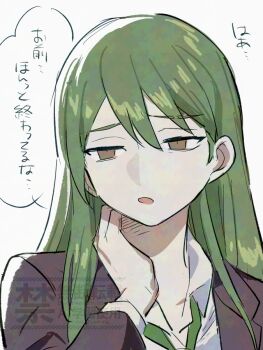 1boy androgynous brown_eyes commentary_request green_hair green_necktie hair_between_eyes lobotomy_corporation long_hair male_focus medu_(rubish) necktie netzach_(project_moon) project_moon shirt simple_background solo translation_request upper_body watermark white_background white_shirt