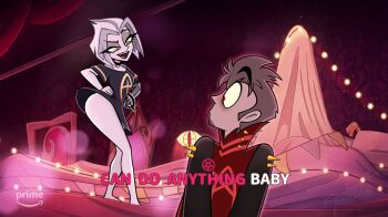 Rule 34 | 1boy, 1girl, :d, adam (hazbin hotel), alternate costume, amazon (company), black choker, black shirt, brown hair, choker, colored skin, commentary, easy (hazbin hotel), english commentary, english text, fang, grey hair, grey skin, hazbin hotel, hellaverse, highres, lute (hazbin hotel), open mouth, parted bangs, red eyes, screenshot background, shirt, short sleeves, smile, standing, suu padovani, teeth, upper teeth only, watermark, yellow eyes