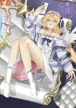 1girl angel_wings bare_shoulders blonde_hair breasts camisole commentary fate/grand_order fate_(series) feathered_wings grey_sweater headphones highres jeanne_d&#039;arc_(fate) long_hair long_sleeves low_twintails metatron_jeanne_(fate) metatron_jeanne_(second_ascension)_(fate) open_mouth skeymd small_breasts solo striped_clothes striped_sweater sweater twintails white_camisole wings yellow_eyes
