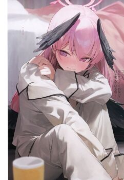 1girl absurdres alternate_costume bare_shoulders black_wings blue_archive blush breasts cup embarrassed feathered_wings halo head_wings highres koharu_(blue_archive) long_hair looking_to_the_side low_wings modare pajamas petite pink_eyes pink_hair pink_halo single_bare_shoulder sitting small_breasts solo translation_request winged_halo wings
