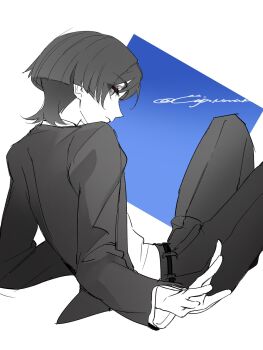 1boy alternate_costume arms_at_sides belt blue_background blunt_ends closed_mouth cnorkie contemporary eyelashes eyeliner eyeshadow formal_clothes from_behind genshin_impact greyscale_with_colored_background highres jacket layered_sleeves leaning_back long_sleeves looking_at_viewer looking_back makeup male_focus open_hand pants red_eyeliner red_eyeshadow scaramouche_(genshin_impact) shirt sitting solo spot_color suit suit_jacket twitter_username undershirt white_background