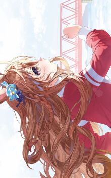 Rule 34 | 1girl, ahoge, animal ears, blush, braid, breasts, bridge, brown eyes, brown hair, commentary request, hair between eyes, hair ornament, highres, horse ears, jacket, long hair, medium breasts, mejiro bright (umamusume), misomi miso, portrait, side braid, sky, solo, sweatdrop, track jacket, umamusume