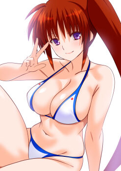 1girl bikini breasts brown_hair commentary_request engo_(aquawatery) large_breasts long_hair lyrical_nanoha mahou_shoujo_lyrical_nanoha_strikers navel purple_eyes side_ponytail simple_background sitting smile solo swimsuit takamachi_nanoha v white_background white_bikini