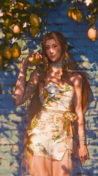 1girl 3d aerith_gainsborough against_wall armband blurry bracelet brick_wall choker closed_mouth commentary curtained_hair depth_of_field dress earrings final_fantasy final_fantasy_vii final_fantasy_vii_remake fingernails food food_print fruit fruit_print fruit_tree gold_eyeshadow green_eyes highres holding holding_food holding_fruit jewelry lemon lemon_print long_hair looking_at_viewer multicolored_nails nail_polish parted_bangs pink_lips ria_(baka-neearts) ring short_dress solo standing strapless strapless_dress thighs tree white_dress white_nails yellow_nails