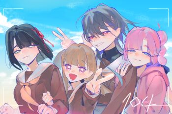 4girls ahoge anyoji_hime black_hair black_ribbon blunt_bangs blunt_ends blunt_sidelocks bob_cut braid breasts brown_dress brown_hair center-flap_bangs commentary dress green_eyes grin hair_ornament hair_ribbon half-closed_eyes hasu_no_shousankaku hasu_no_sora_school_uniform highres hood hooded_jacket jacket jellyfish_cut kachimachi_kosuzu katsuragi_izumi link!_like!_love_live! long_hair long_sleeves looking_at_viewer love_live! medium_breasts momose_ginko multi-tied_hair multiple_girls neckerchief open_clothes open_jacket orange_eyes outstretched_arm pink_eyes pink_hair pink_jacket pipi_(m1x_mix) ponytail ribbon sailor_collar sailor_dress school_uniform short_hair side_braids sidelocks sleeves_past_wrists smile symbol-only_commentary triangle_hair_ornament turtleneck v viewfinder virtual_youtuber white_sailor_collar winter_uniform yellow_neckerchief