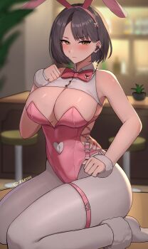 1girl absurdres animal_ears ankle_cuffs bar_(place) bar_stool bare_arms bare_shoulders blurry blurry_background blush bottle bow bowtie breasts closed_mouth clothing_cutout commentary counter covered_navel earpiece fake_animal_ears finger_under_clothes foot_out_of_frame fur_wrist_cuffs goddess_of_victory:_nikke hairband hand_on_own_chest hand_up heart_cutout highleg highleg_leotard highres indoors large_breasts leotard looking_at_viewer milk_(blooming_bunny)_(nikke) milk_(nikke) navel_cutout no_shoes official_alternate_costume on_table pantyhose parted_bangs pink_bow pink_bowtie pink_hairband pink_leotard plant playboy_bunny potted_plant seiza short_hair side_cutout sitting solo stool strapless strapless_leotard table thigh_strap twitter_username v-shaped_eyebrows white_pantyhose wrist_cuffs yellow_eyes zcri