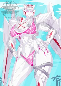 Rule 34 | 1girl, absurdres, bikini, blush, breasts, colored skin, highres, mecha, mechanical wings, no.1 sentai gozyuger, otokamu, pink bikini, purple eyes, queen, queen tegajune, robot, summer, super sentai, swimsuit, tokusatsu, white skin, wings