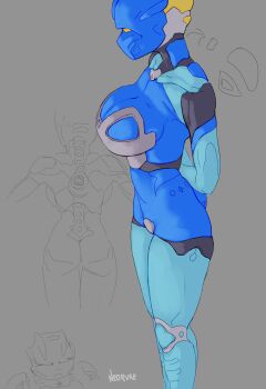 1girl absurdres arms_behind_back artist_name bionicle breasts cleavage commentary english_commentary gali_(bionicle) grey_background highres humanoid_robot looking_at_viewer medium_breasts multiple_views neoruke orange_eyes robot sideboob sitting solo_focus standing the_lego_group