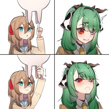 2girls absurdres ahoge animal_ears bell blue_eyes blush brown_hair cardigan cow_ears cow_girl cow_horns crelly drooling green_hair hair_between_eyes hair_ornament hair_ribbon hashtag-only_commentary heart heart_hair_ornament heterochromia highres horns lavidi long_hair multiple_girls neuro-sama red_eyes red_ribbon ribbon sailor_collar tearing_up two_side_up udder vedal_ai virtual_youtuber white_background yellow_cardigan
