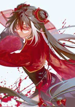 1girl black_dress black_hair blood blue_background chinese_clothes commentary_request corrupted_twitter_file double_bun dress expressionless hair_bun hand_fan highres holding holding_fan jia_xichun_(project_moon) limbus_company long_hair long_sleeves looking_at_viewer multicolored_hair pink_eyes project_moon quming0110 side_slit simple_background solo streaked_hair twintails