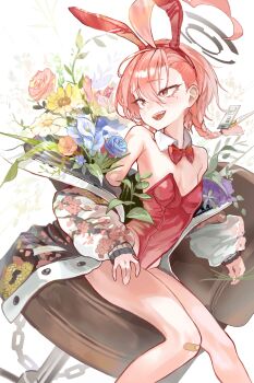 1girl absurdres ahoge animal_ear_hairband animal_ears asymmetrical_hair bandaid bandaid_on_knee bandaid_on_leg black_halo blue_archive bouquet bow bowtie braid breasts chain detached_collar dutch_angle fake_animal_ears feet_out_of_frame flower hairband halo highres huge_ahoge jacket leotard looking_back mole mole_under_each_eye mole_under_eye multiple_moles mw_01m neru_(blue_archive) neru_(bunny)_(blue_archive) official_alternate_costume orange_hair playboy_bunny print_jacket rabbit_ears red_eyes red_leotard single_braid sitting small_breasts solo stool strapless strapless_leotard sukajan traditional_bowtie