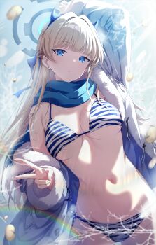 1girl arm_up bikini blonde_hair blue_archive blue_eyes blue_hairband blue_halo blue_horns blue_scarf blue_streaks braid breasts coat fake_horns fur-trimmed_coat fur_trim hairband halo highres horns long_hair looking_at_viewer medium_breasts multicolored_hair murasaki_himuro navel open_clothes open_coat rainbow scarf solo stomach streaked_hair striped_bikini striped_clothes swimsuit toki_(blue_archive) v white_coat
