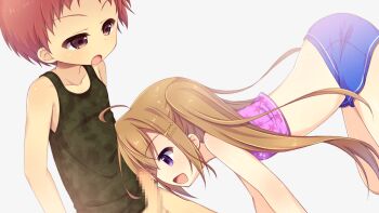 1boy 1girl :d ahoge aoi_aruma bent_over blue_shorts blush breasts brown_hair censored collarbone cowboy_shot from_side game_cg green_tank_top grey_background hair_between_eyes hair_ornament hairclip half-closed_eyes izuno_shiun_(jissai_no_tokoro) jissai_no_tokoro kodomo_doushi large_variant_set loli long_hair looking_at_penis mosaic_censoring open_mouth penis pink_tank_top purple_eyes red_eyes red_hair short_hair shorts shota sidelocks simple_background small_breasts smile standing tank_top twintails variant_set very_long_hair very_short_hair
