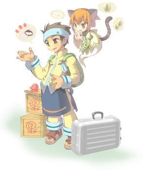 Rule 34 | 1boy, 1girl, animal ears, backpack, bag, bandana, blonde hair, blue bandana, blue pants, blue shirt, blush stickers, brown eyes, brown hair, cat ears, cat girl, cat tail, emil chronicle online, ghost girl, ghost tail, green bag, hanehane kiro, nekomata yamabuki, official art, open mouth, pants, sandals, shirt, spoken food, spoken money, suitcase, tail, two-tone pants, two-tone shirt, white background, white bag, wooden box, yellow eyes, yellow pants, yellow shirt