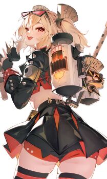 Rule 34 | 1girl, absurdres, ass, bibisuka, black jacket, black skirt, black thighhighs, blonde hair, burnice white, eyewear on head, flamethrower, from behind, highres, holding flamethrower, holding weapon, jacket, looking at viewer, looking back, midriff, miniskirt, open mouth, pleated skirt, red-tinted eyewear, red eyes, simple background, skirt, solo, spiked belt, spiked jacket, thighhighs, tinted eyewear, two side up, white background, zenless zone zero