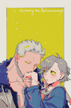 1boy 1girl absurdres anniversary antenna_hair blue_shirt blush border collarbone commentary_request couple fur-trimmed_jacket fur_trim grey_eyes grey_hair hand_up hetero highres jacket jitome kabane_(rjev8385) kiss kissing_hand long_sleeves looking_at_another no_shirt oc_x_canon one_piece original parted_lips ponytail sailor_collar shirt short_hair short_ponytail small_sweatdrop smoker_(one_piece) upper_body white_border white_hair white_jacket white_sailor_collar yellow_background