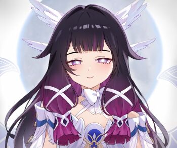 1girl black_hair bow chideno closed_mouth columbina_(genshin_impact) commentary dress genshin_impact gradient_hair hair_intakes hair_ribbon head_wings highres long_hair looking_at_viewer multicolored_hair pink_eyes purple_hair ribbon smile solo upper_body white_background white_bow white_dress white_ribbon white_wings wings