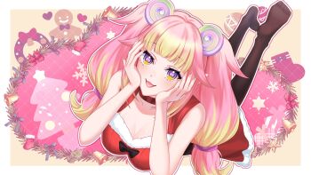 1girl absurdres bell black_bow blonde_hair bow breasts christmas_stocking cleavage collarbone dress fur-trimmed_dress fur_trim gingerbread_man hair_ornament hands_on_own_cheeks hands_on_own_face heart highres hujie multicolored_hair open_mouth pink_hair purple_eyes red_bow red_dress santa_costume santa_dress second-party_source shell shell_hair_ornament solo star_(symbol) stronny_cuttles symbol-shaped_pupils two-tone_hair vallure virtual_youtuber