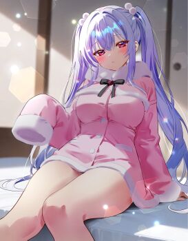 1girl blush breasts coat commentary_request cowboy_shot fur-trimmed_coat fur_trim hair_between_eyes highres indoors iriam large_breasts light_particles long_hair long_sleeves looking_at_viewer nitak_(iriam) nta_(n_tan2) parted_lips pink_coat pink_eyes purple_hair sitting sleeves_past_fingers sleeves_past_wrists solo textless_version twintails virtual_youtuber