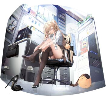 1girl :o absurdres adjusting_clothes adjusting_legwear analog_clock azur_lane bag black_shoes black_thighhighs blonde_hair blue_eyes breasts cabinet calendar_(object) chair cleavage clock collared_shirt computer cup desk disposable_coffee_cup disposable_cup english_text feet file_cabinet gorizia_(azur_lane) gorizia_(unrequited_office_love?)_(azur_lane) hair_between_eyes high_heels highres id_card indoors lanyard large_breasts long_hair manjuu_(azur_lane) medium_breasts mole mole_on_thigh monitor namyo non-web_source official_alternate_costume official_art patent_heels plaid_clothes plaid_skirt poster_(object) pumps shirt shoes sitting skirt solo sticky_note stiletto_heels swivel_chair thighhighs thighs trash_can twintails very_long_hair white_shirt