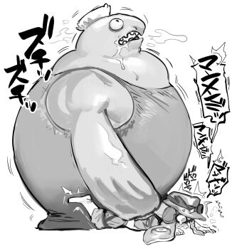 1boy 1girl ^^^ absurdres asymmetrical_hair bestiality big_shot_(splatoon) blush boots braid breath clothes_pull constricted_pupils drooling from_side gloves greyscale hat hetero highres inkling inkling_girl inkling_player_character japanese_text looking_up lying mohawk monochrome motida_(motidamtmt) nintendo nose_blush on_stomach open_mouth overalls pants pants_pull profile rape saliva salmon_run_(splatoon) sex shirt short_hair single_braid size_difference sketch speech_bubble splatoon_(series) splatoon_3 suction_cups talking tears teeth tentacle_hair tentacles translation_request trembling twintails