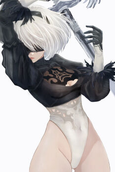 Rule 34 | 1girl, 2b (nier:automata), arm up, black dress, black gloves, blindfold, breasts, cleavage cutout, clothing cutout, commentary, covered eyes, cowboy shot, dress, facing viewer, feather-trimmed sleeves, gloves, gluteal fold, grey hair, groin, highres, juliet sleeves, leotard, leotard under clothes, long sleeves, medium breasts, mitsuki nite, mole, mole under mouth, nier:automata, nier (series), parted lips, puffy sleeves, short hair, side slit, simple background, solo, standing, sword, twitter username, virtuous treaty, weapon, white background, white leotard