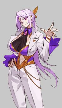 1girl breasts circlet clothing_cutout commentary cowboy_shot cropped_jacket emperor's_children english_commentary eyeshadow fulgrim genderswap genderswap_(mtf) gold_trim grey_background head_tilt highres jacket jewelry large_breasts looking_at_viewer makeup multiple_rings navel pants podobrick primarch purple_eyes purple_eyeshadow purple_hair purple_lips ring see-through_cleavage see-through_clothes solo stomach_cutout warhammer_40k white_jacket white_pants