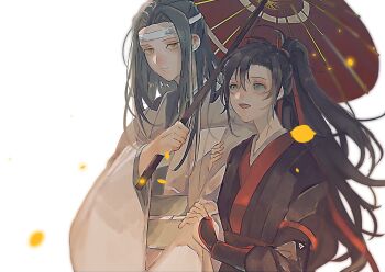 2boys ahoge amana_raika arm_hug black_hair black_hanfu blue_sash chinese_clothes closed_mouth couple falling_petals grey_eyes hair_ribbon hanfu headband high_ponytail holding holding_another&#039;s_arm holding_umbrella lan_wangji long_hair long_sleeves looking_at_another male_focus modao_zushi multiple_boys oil-paper_umbrella open_mouth petals ponytail red_ribbon red_sash red_umbrella ribbon robe sash shared_umbrella sidelocks simple_background smile standing umbrella upper_body wei_wuxian white_background white_hanfu white_headband wide_sleeves yaoi yellow_eyes yellow_petals