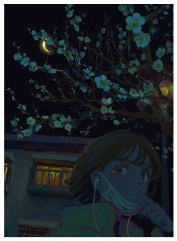 1girl border brown_eyes brown_hair building crescent_moon dark earbuds earphones green_jacket highres house jacket mask mask_pull moon mouth_mask night oimoti_tn original outdoors parted_lips short_hair sky solo star_(sky) starry_sky surgical_mask tree white_border