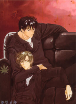 black_hair blonde_hair clamp couch earrings gohou_drug green_eyes himura_rikuo jewelry kudo_kazahaya lawful_drug leaf ring yellow_eyes