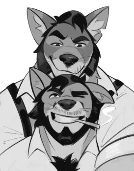 2boys absurdres animal_ears bara beard chest_hair_peek chest_tuft chin_rest couple echo_(visual_novel) echo_project facial_hair furry furry_male greyscale grin head_on_head head_rest highres kane_(the_smoke_room) looking_at_another male_focus mature_male monochrome multiple_boys muscular muscular_male mustache_stubble mutton_chops one_eye_closed panther_boy panther_ears short_hair smile stubble suspenders the_smoke_room thick_beard thick_eyebrows upper_body venkman_(venkpng) william_adler_(the_smoke_room) yaoi